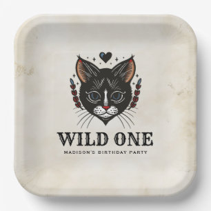 Wild One Cute Kitten Cat Rockabilly 1st Birthday Paper Plate