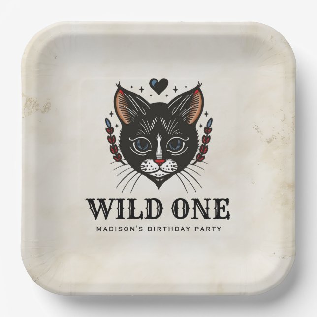 Wild One Cute Kitten Cat Rockabilly 1st Birthday Paper Plate (Front)