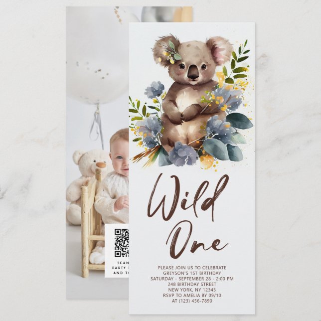 Wild One Cute Koala 1st Birthday Photo Animal Invitation (Front/Back)