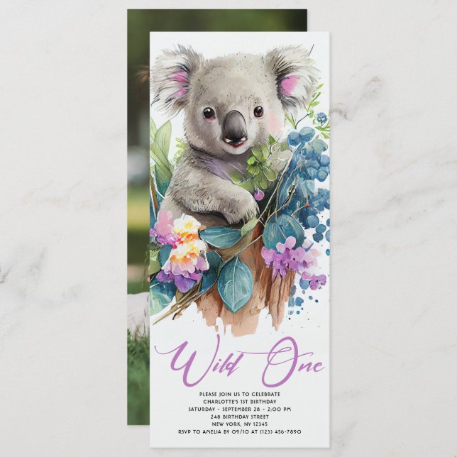 Wild One Cute Koala 1st Birthday Photo Animal Invitation (Front/Back)