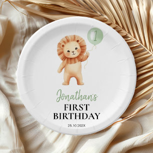 Wild One Cute Lion Sage Green Balloon Birthday Paper Plate