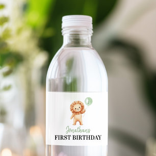 Wild One Cute Lion Sage Green Balloon Birthday Water Bottle Label