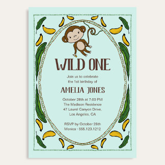 Wild One Cute Monkey Banana 1st Birthday Invitation