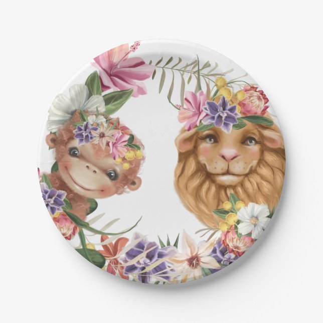 Wild one cute monkey safari birthday boy girl paper plate (Front)