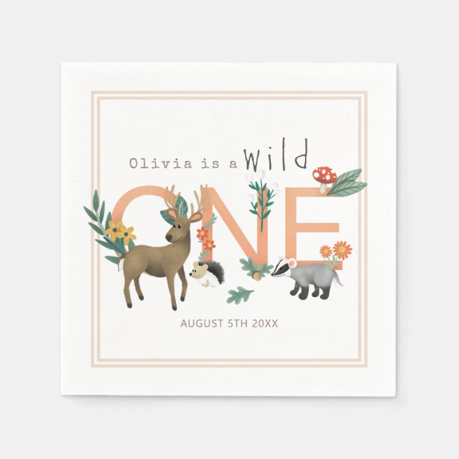 Wild One Cute Pink Woodland Animals 1st Birthday Napkin (Front)