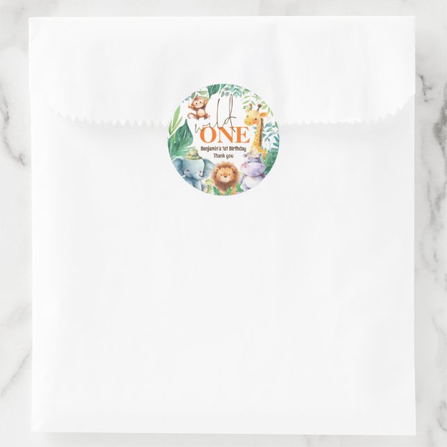 Wild One Cute Safari 1st Birthday Thank You Classic Round Sticker (Bag)