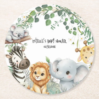 Wild One Cute Safari Jungle Animals Baby Shower  Round Paper Coaster