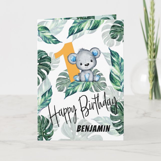 Wild One Cute Watercolor Bear 1st Birthday Card (Front)