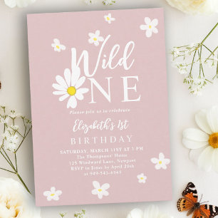 Wild One Daisy Blush Pink Floral Girl 1st Birthday Invitation