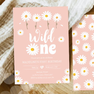 Wild One Daisy Boho Retro Pink Girl First Birthday Invitation