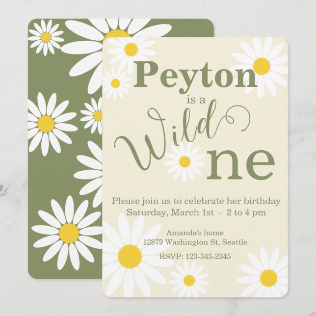 Wild One Daisy First Birthday Invitation (Front/Back)