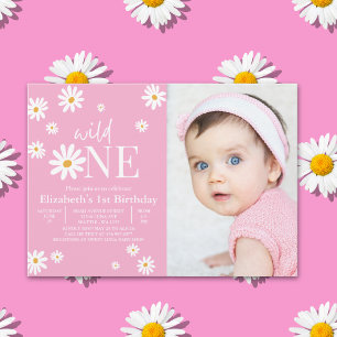 Wild One Daisy Girl First Birthday Photo Invitation