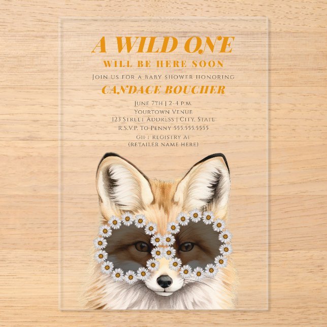 Wild One Daisy Sunglasses Fox Baby Shower  Acrylic Invitations (Front)