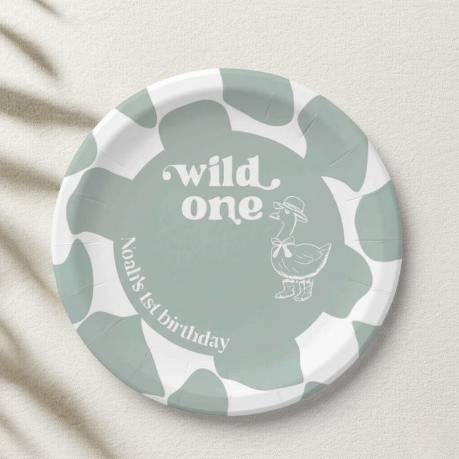 Wild One Dapper Duck 1st Birthday Sage Green Check Paper Plate (Creator Uploaded)