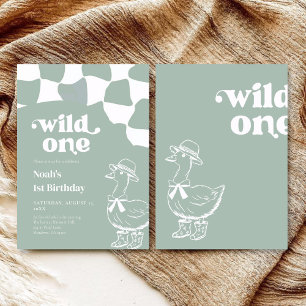 Wild One Dapper Duck 1st Birthday- sage green Invitation