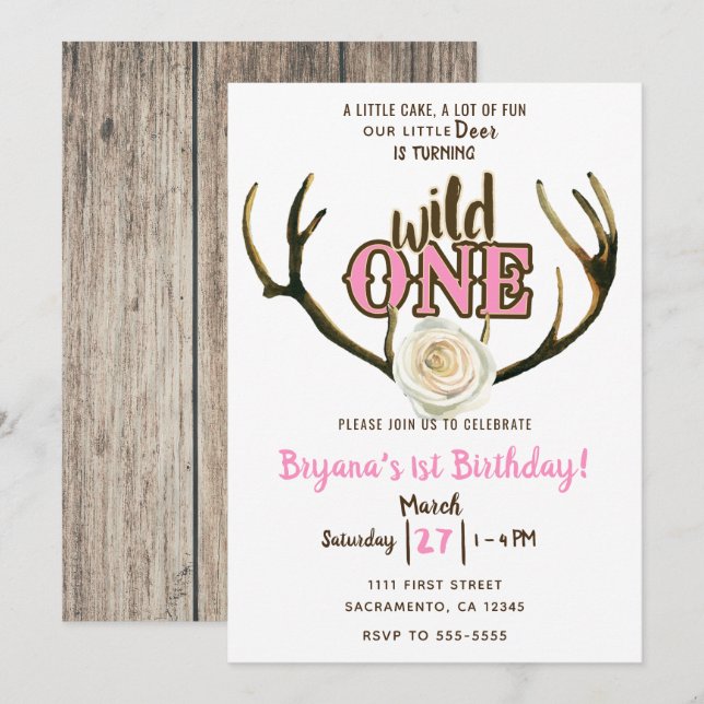 Wild One Deer Antlers Rose Pink 1st Birthday Party Invitation (Front/Back)
