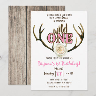 Wild One Deer Antlers Rose Pink 1st Birthday Party Invitation