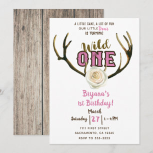 Wild One Deer Antlers Rose Pink 1st Birthday Party Invitation