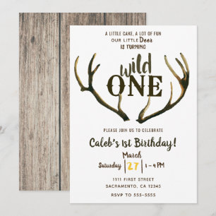 Wild One Deer Antlers Rustic 1st Birthday Party Invitation