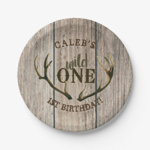 Wild One Deer Antlers Rustic Wood 1st Birthday Paper Plate