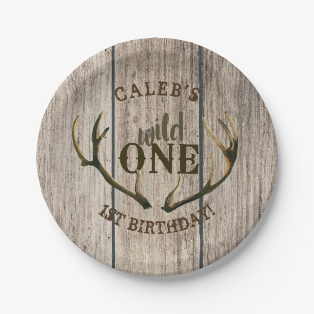 Wild One Deer Antlers Rustic Wood 1st Birthday Paper Plate (Front)