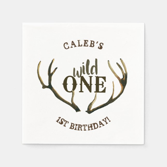 Wild One Deer Antlers Simple White 1st Birthday Napkin (Front)