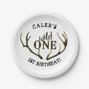Wild One Deer Antlers Simple White 1st Birthday Paper Plate