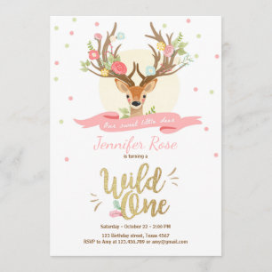 Wild One Deer birthday invite Woodland Gold Pink