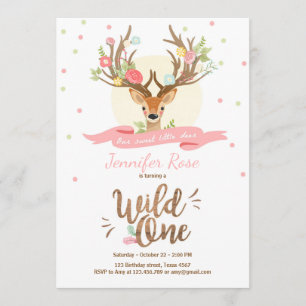 Wild One Deer birthday invite Woodland Pink wood