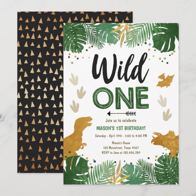 Wild One Dino Party Boy Gold Dinosaur 1st Birthday Invitation (Front/Back)