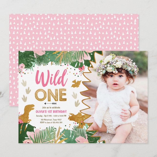 Wild One Dino Party Girl Pink Dinosaur Birthday Invitation (Front/Back)