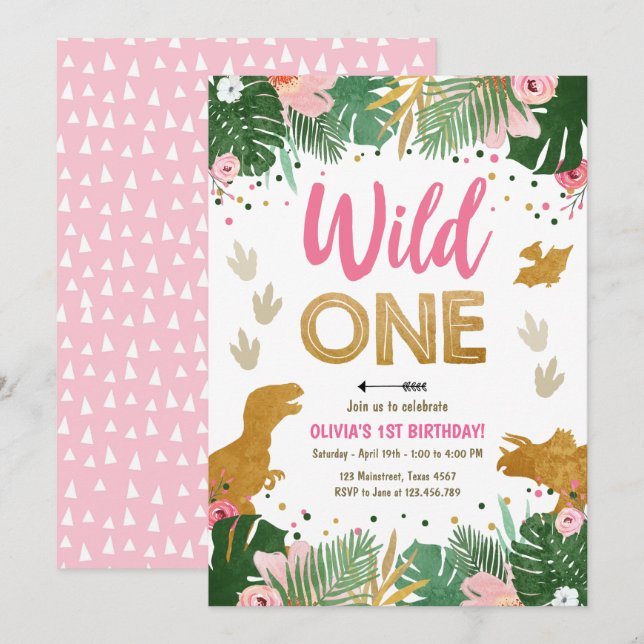 Wild One Dino Party Girl Pink Dinosaur Birthday Invitation (Front/Back)