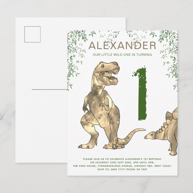 Wild One Dinosaur 1st Birthday Party Budget Invitation Postcard (Front/Back)