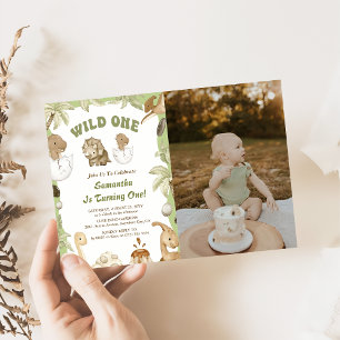 Wild One Dinosaur Boy 1st First Birthday Photo Invitation
