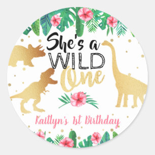 Wild One Dinosaur Girls 1st Birthday Classic Round Sticker