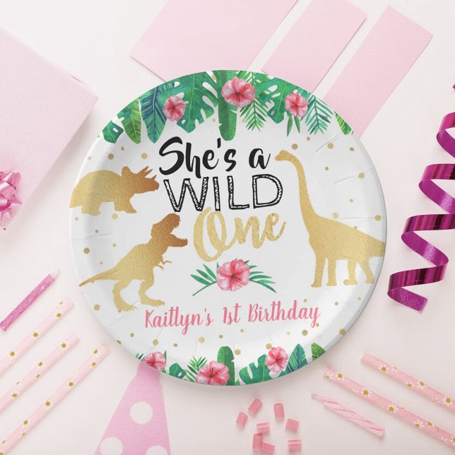 Wild One Dinosaur Girls 1st Birthday Paper Plate (Creator Uploaded)