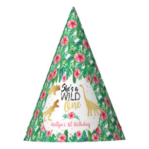 Wild One Dinosaur Girls 1st Birthday Party Hat