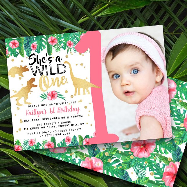 Wild One Dinosaur Girls 1st Birthday Photo Invitation (Creator Uploaded)