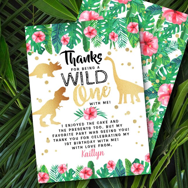Wild One Dinosaur Girls First Birthday Thank You Card (Creator Uploaded)