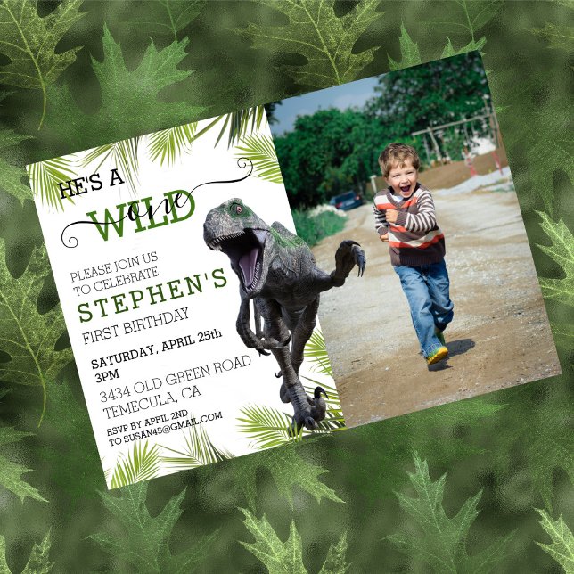 Wild One Dinosaur Jurassic Photo Raptor Birthday  Invitation (Creator Uploaded)