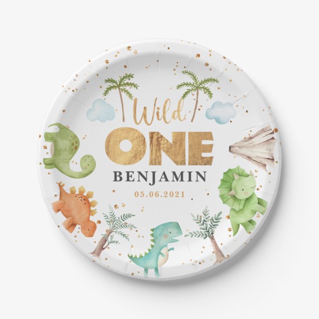 Wild One Dinosaurs 1st Birthday Paper Plate (Front)