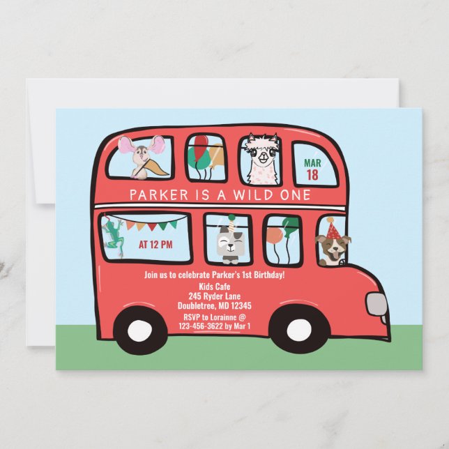 Wild One Double Decker Party Bus Birthday  Invitation (Front)