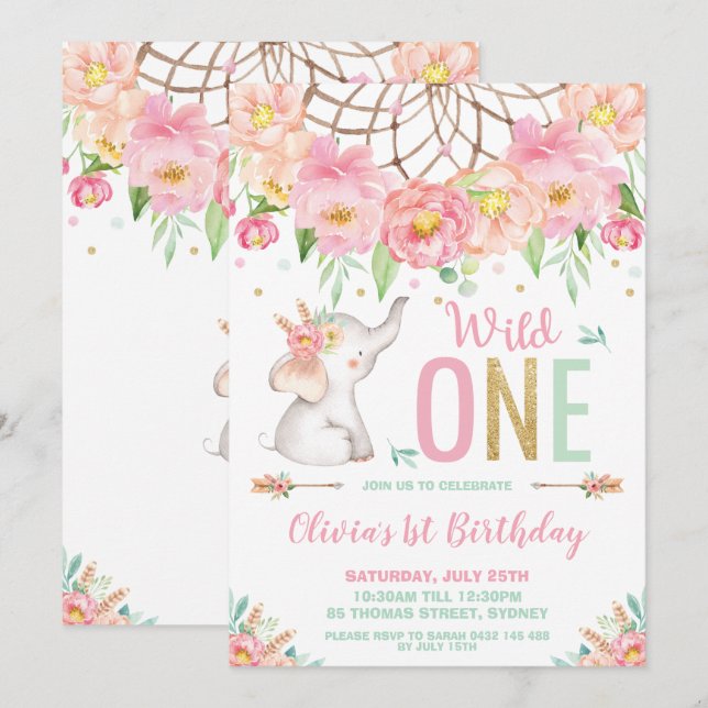 Wild One Elephant 1st Birthday Boho Pink Floral Invitation (Front/Back)