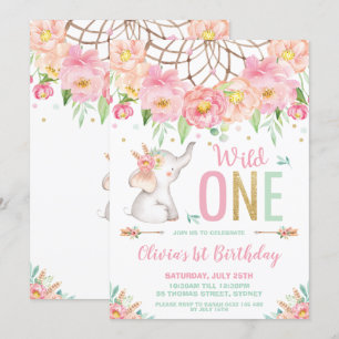 Wild One Elephant 1st Birthday Boho Pink Floral Invitation