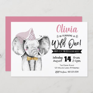 Wild One Elephant   Girl 1st Birthday invitation
