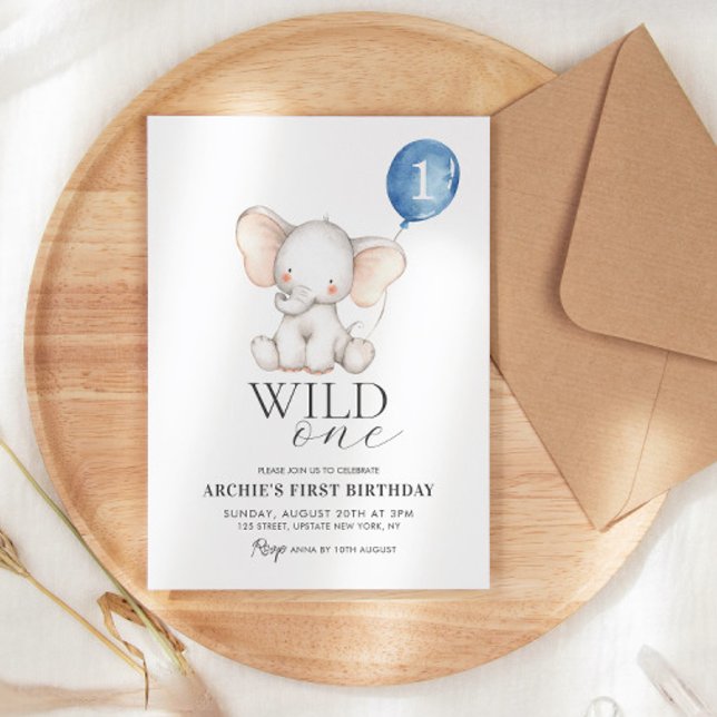 Wild One Elephant Watercolor Boys 1st Birthday Invitation (wild one invitation elephant birthday invitation with balloon template cute boy first birthday )