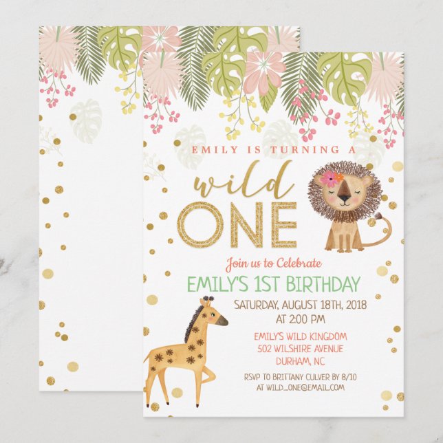 Wild ONE First 1st Birthday Invitation Girl (Front/Back)