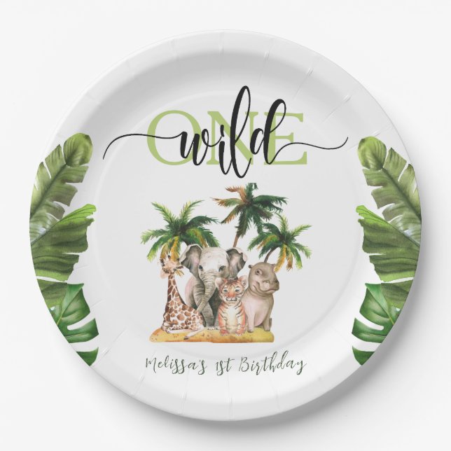 Wild One First  1st Safari Animals Birthday Party Paper Plate (Front)