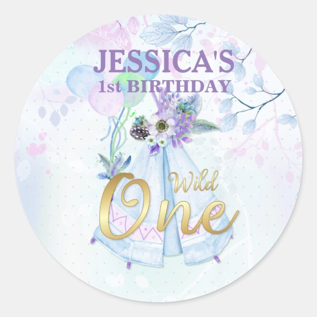 Wild One First Birthday Blue TeePee Boho Classic Round Sticker (Front)