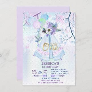 Wild One First Birthday Blue TeePee Boho Invitation
